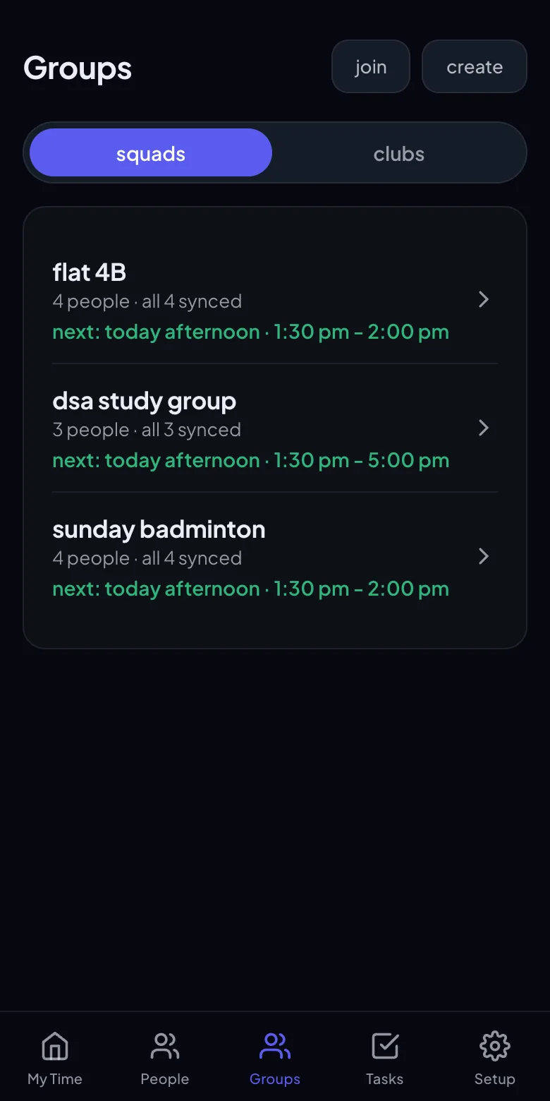 A list of squads in Scadool, each showing its next free time.